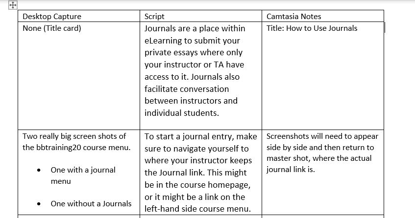 Screen capture of storyboard with just text for journal tutorial.
