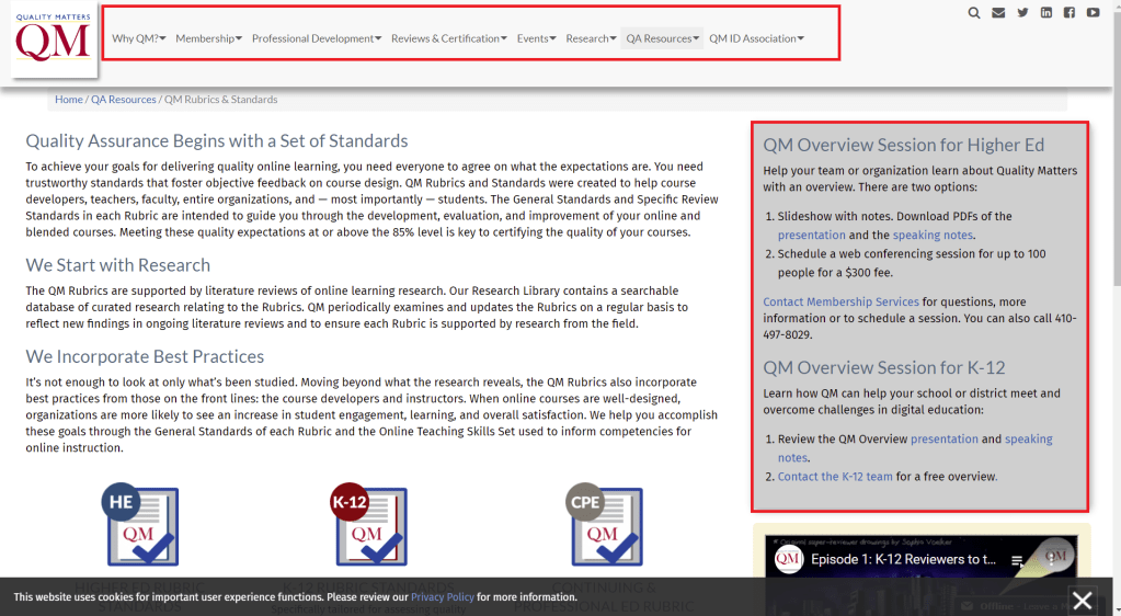 Screen capture of QM page with red box outine over QM main menu and the QM overview text box.